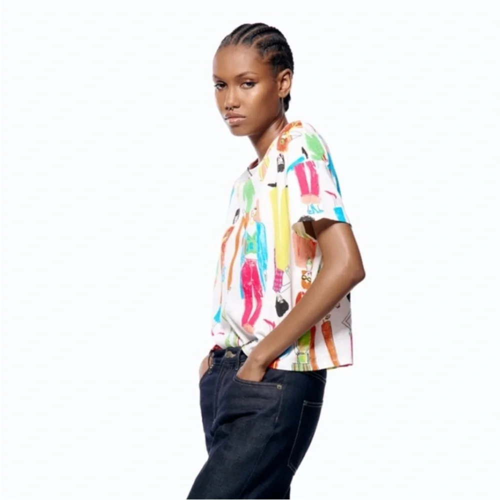 Zara Multicolor Graphic Women’s Tee 100% Cotton T-Shirt - Picture 1 of 7